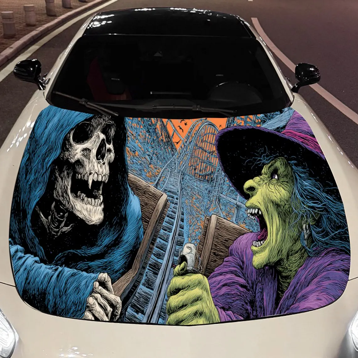 

Mysterious Grim Reaper and Witch Car Hood Vinyl Wraps Sticker, Fashionable Auto Cover PVC Decal, Waterproof Self-adhesive Vehicl