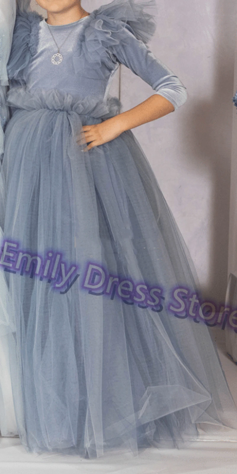 

Customized Blue Flower Girl Dress For Wedding Puffy 3/4 Sleeves Floor Length Kids Birthday Pageant First Communion Baby Gown