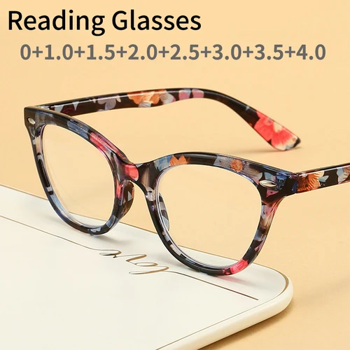 Imagen 1 del producto Gafas de lectura Retro tipo ojo de gato para mujer, anteojos florales antiluz azul para presbicia, transparentes, HD, con grado, novedad de 2023
