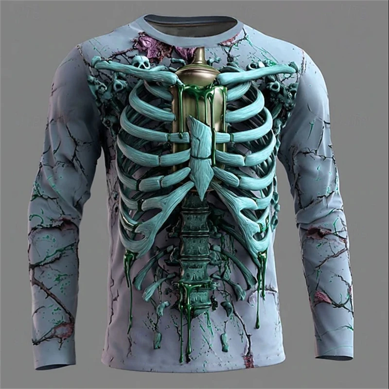 Men's Long Sleeve T-Shirt 3D Glow Skeleton Print with Alchemy Pot Design Gothic Punk Streetwear Top for Halloween Party Costume