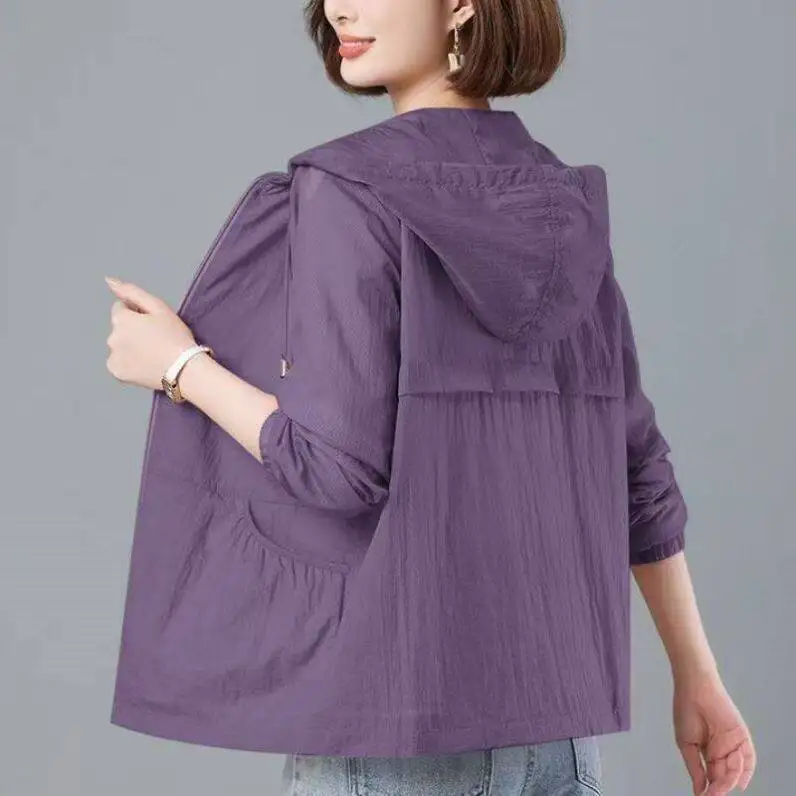 XuXiYue Women's Fashionable Color Lightweight Breathable Summer Sun Protection Coat with Hood Loose Outerwear