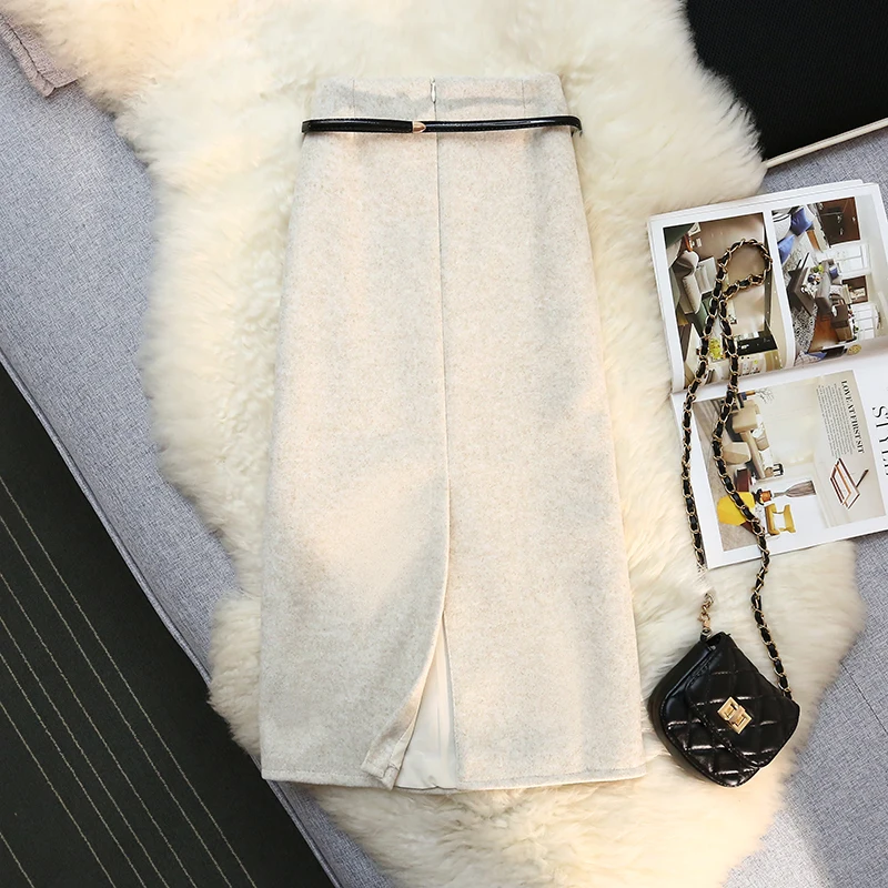 تنورات متوسطة الطول من الصوف ملفوفة بالبحر للنساء ، تنورات مستقيمة أحادية اللون بخصر مرتفع للمكتب ، موضة جديدة ، الخريف والشتاء ، سيدة #4