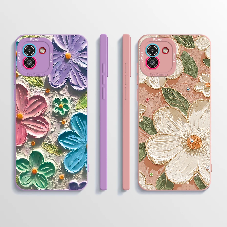 Case For Samsung A03 Core A03S Floral Soft Liquid Silicone Square Back Cover For Samsung Galaxy A 03 A03Core A03 S Funda Coque