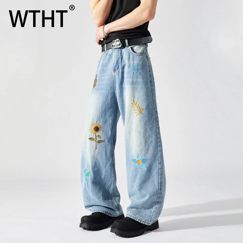 

WTHT New Fashion Men's Embroidery Wash Straight Loose Denim Pants Trendy Summer Casual High-waisted Wide Leg Jeans Male 2A0190
