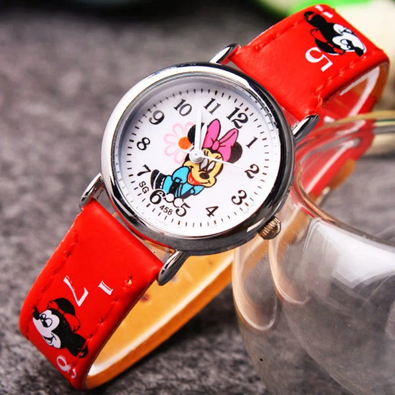 Disney Cartoon Watch Kids Mickey Mouse Watches Anime Figrues Children Boys Girls Pu Leather Quartz Wristwatch Clock Toys Gift