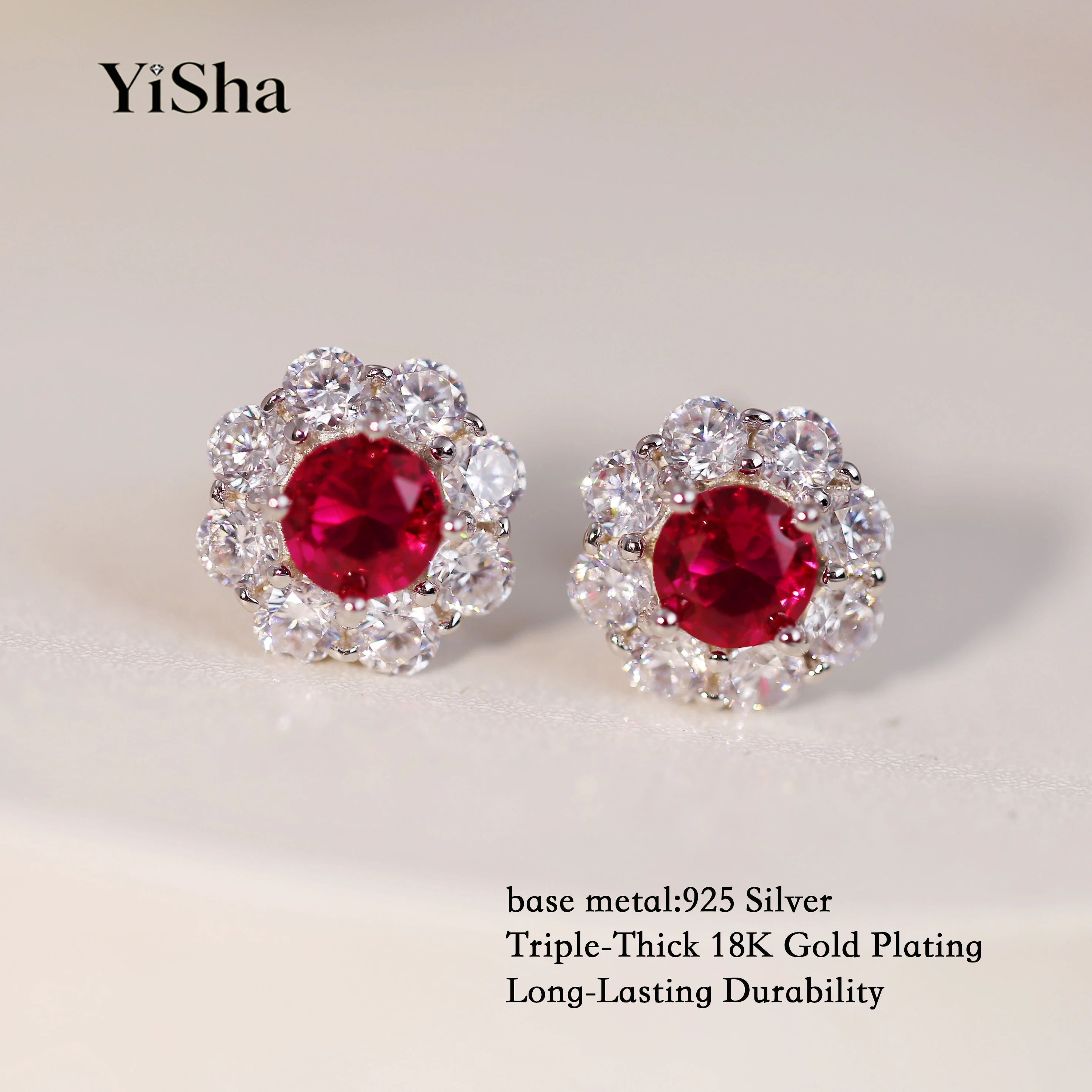 

Lab-Created Round ruby Stud Earrings Gift for Women-with Triple-Base silver,Thick 18k Gold Plating – Long-Lasting Durability