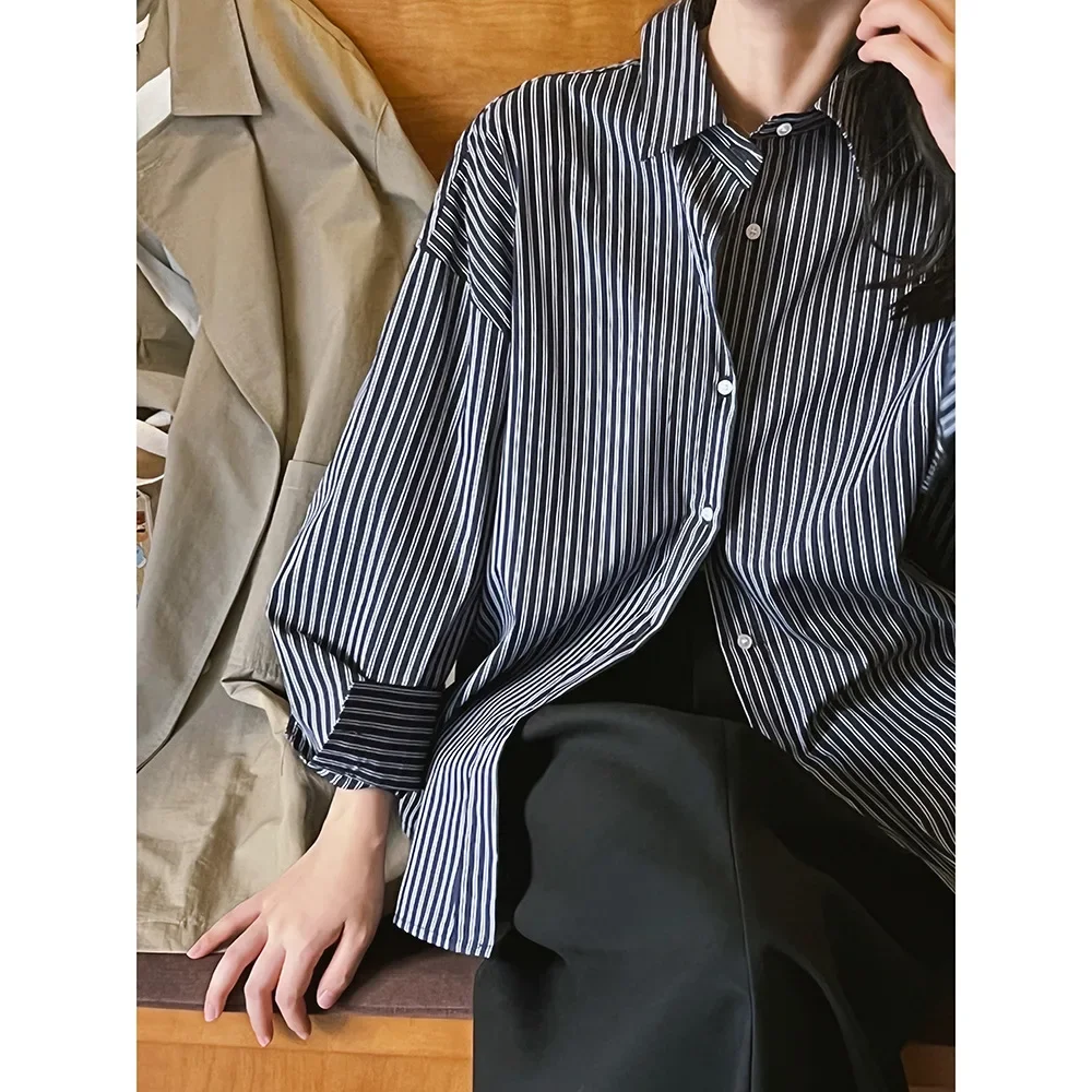 French retro striped shirt for women 2024 autumn new long-sleeved design niche shirt