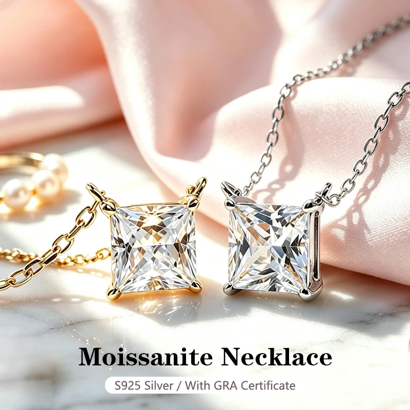 100% Real Moissanite Princess Cut Pendant Necklace with GRA Certificate Women’s Wedding S925 Sterling Silver Exquisite Jewelry