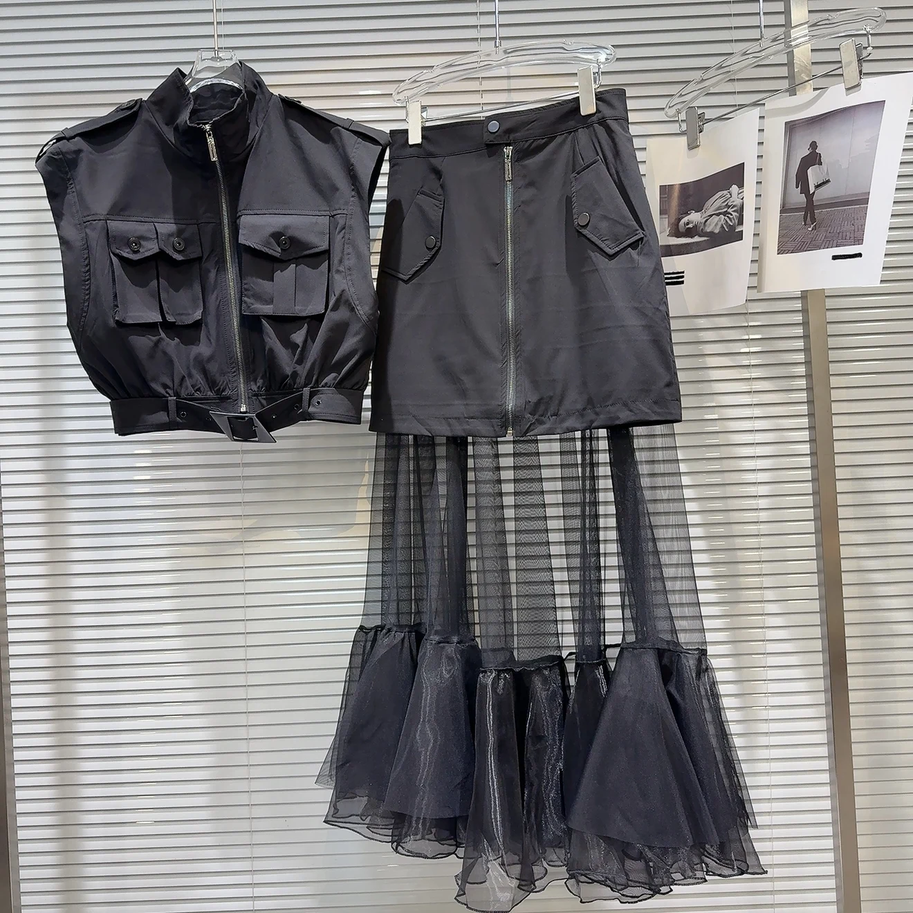 Sweet Cool Spicy Girl ket Vest Top Netting Splice  Skirt Set Faionable Zipper ort Sve Stand Collar Two Piece Suit