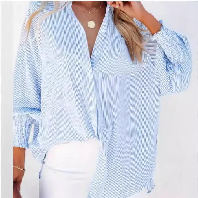 

Women's Striped Long Sved irt ket Detail Loose Fit Polyester Fiber 00% Regular Thin Long Sve Autumn Faion