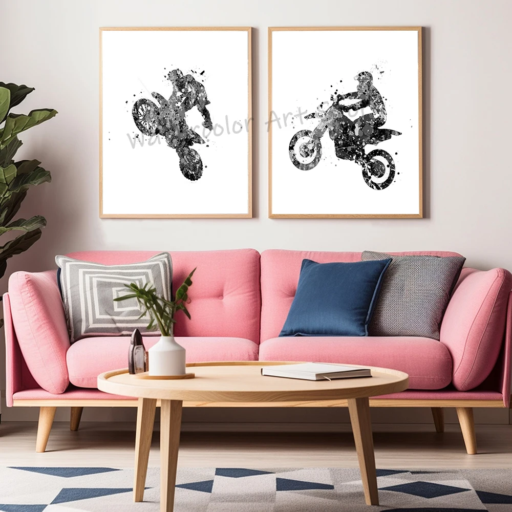 Motocross Watercolor Art Poster Black & White Sport Wall Art Canvas Painting Prints Motorbike Stunt Racer Poster Boys Room Decor