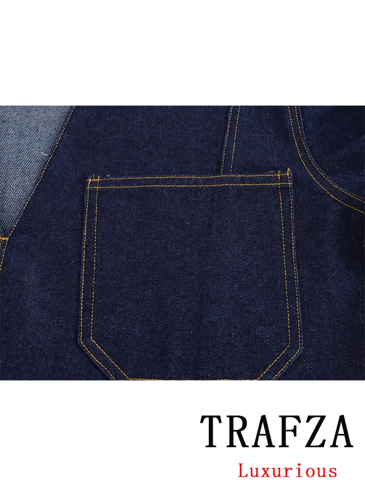 TRAFZA Vintage Casual Chic Solid Denim Koszule damskie V-Neck Kieszenie Pullover Krótka bluzka Nowa moda 2024 Jesienne topy damskie