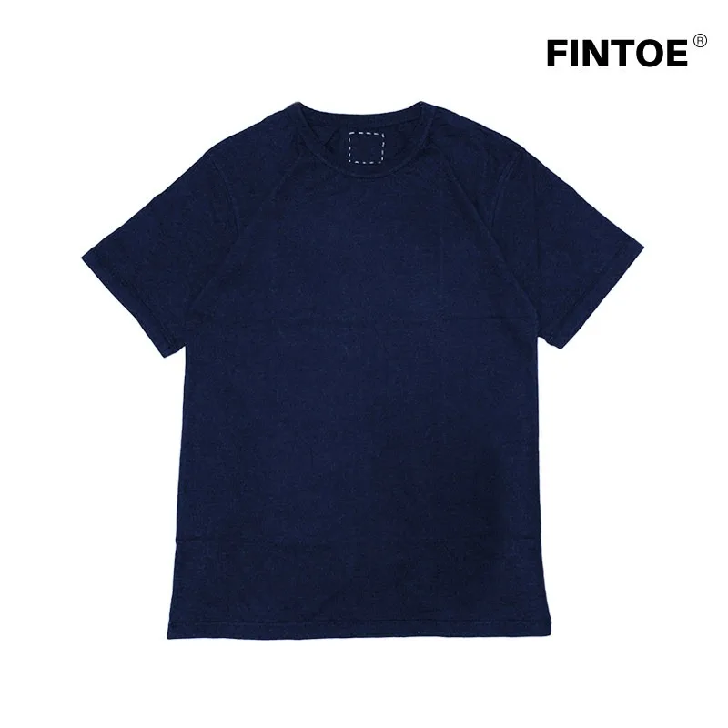 FINTOE Antique Blue Indigo Tee Vintage Plant Hand Stained Solid Color 230G Short Sleeve T-shirt