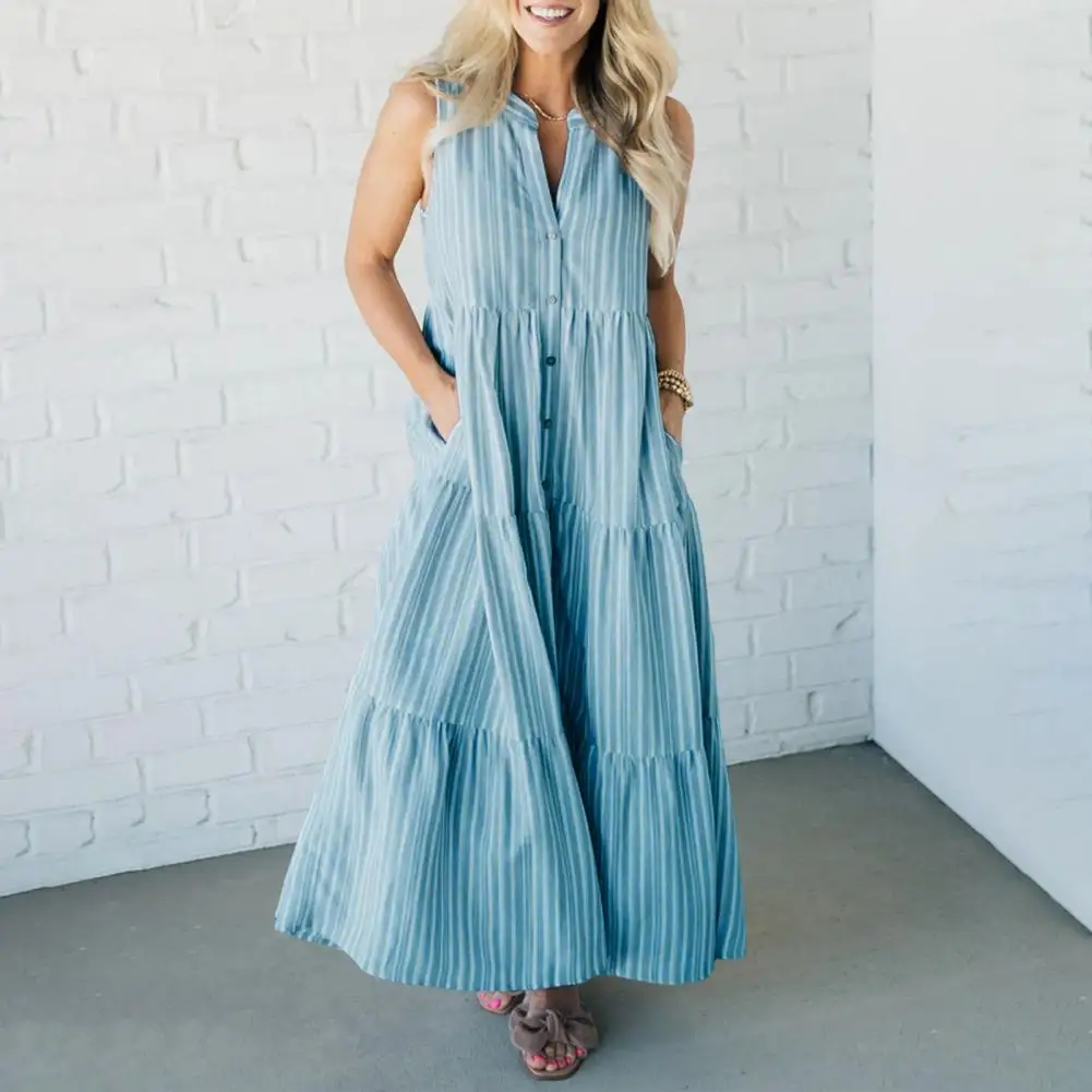 

Women Loose Fit Striped Dress Women Shirt Type Summer Dress Striped Print Sleeveless Maxi Dress with Side Pockets V Neckline