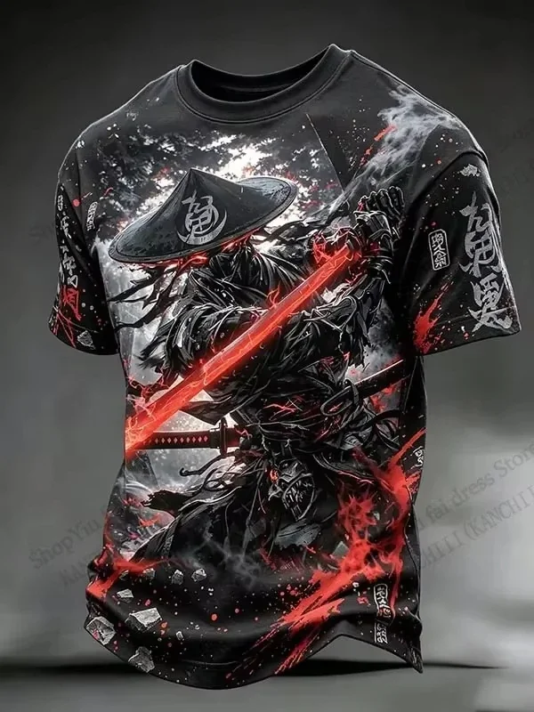 Trend Japanese Samurai Cat 3D Print T-shirt Men Women Fashion Street Oversized Short Sleeve Tops Tee