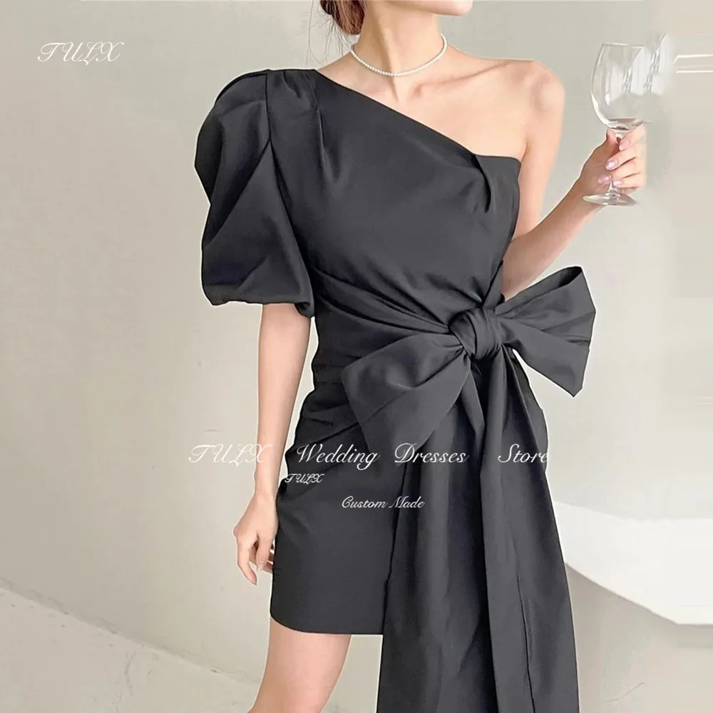 TULX Simple One Shoulder Evening Party Dresses Black Korea Taffeta Mini Backless Wedding Women Formal Gowns Event Prom Gowns