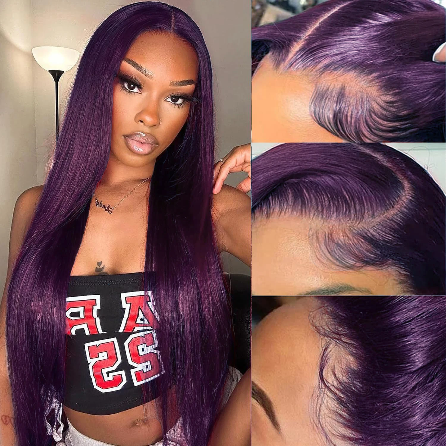 Perucas dianteiras retas escuras do laço da Borgonha, Perucas sintéticas roxo profundo, 13x4 HD Transparente Lace Wigs, Glueless pré arrancado com cabelo de bebê