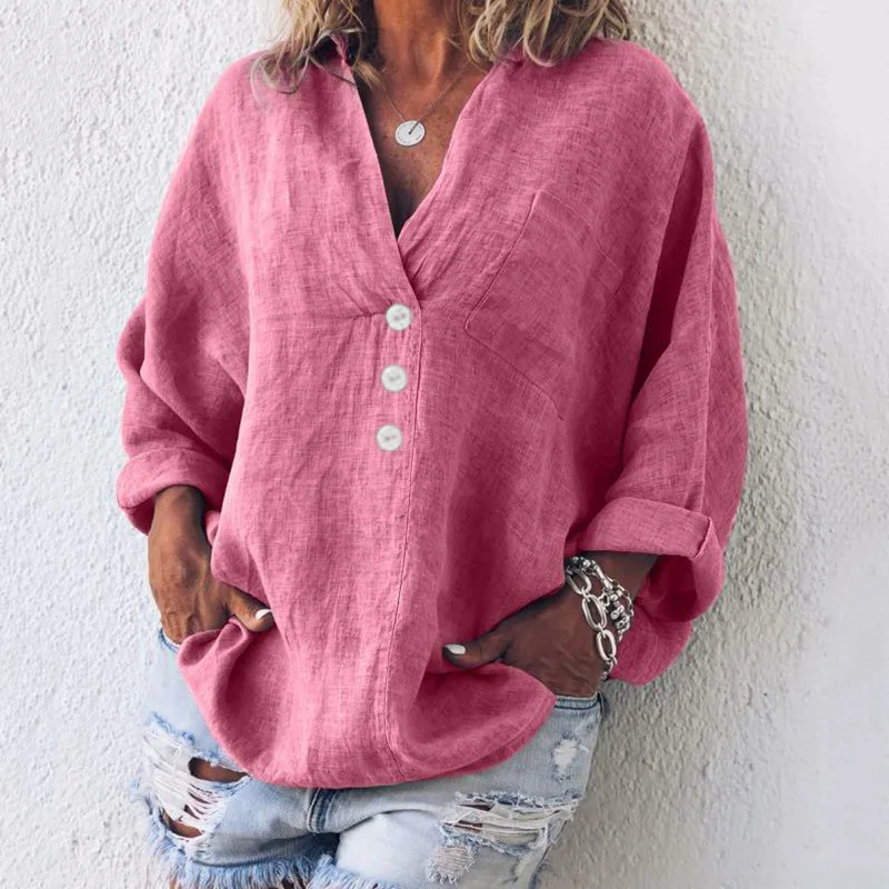 2025 Spring and Summer V-neck Imitation Cotton and Linen Long-sleeved Shirt Pullover Women's Shirt Is Hot in Europe and America