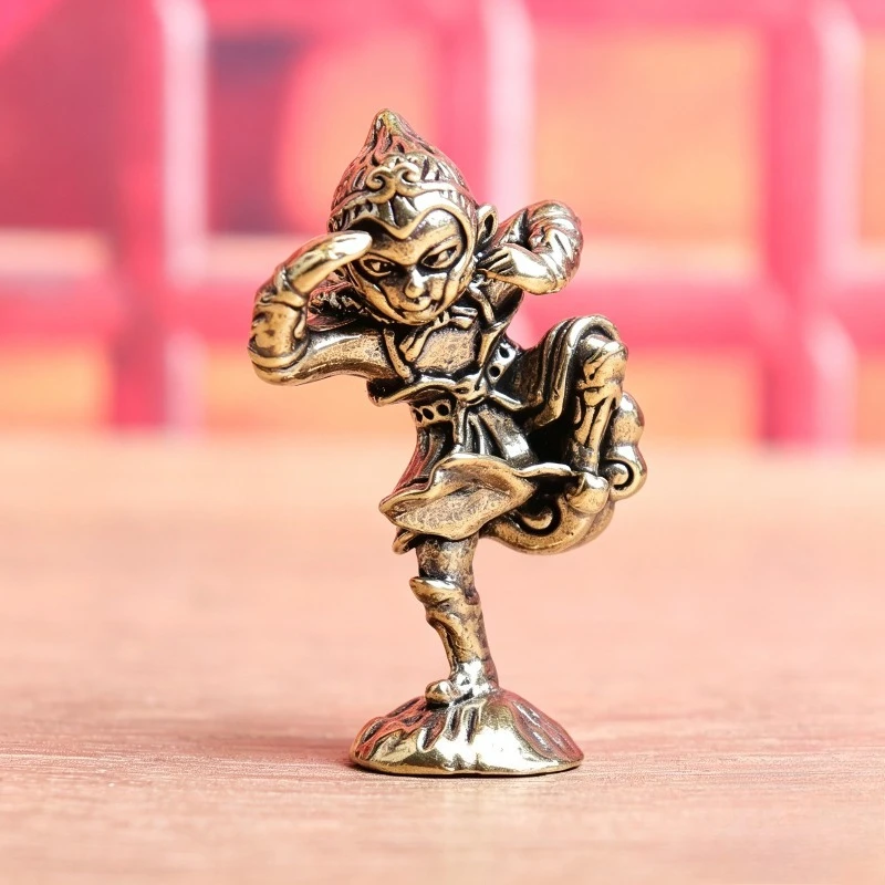 Vintage Brass Monkey King Sun Wukong Figurine, Qitian Dasheng Statue, Mini Desktop Ornament, Tea Pet Chinese Mythology Craft