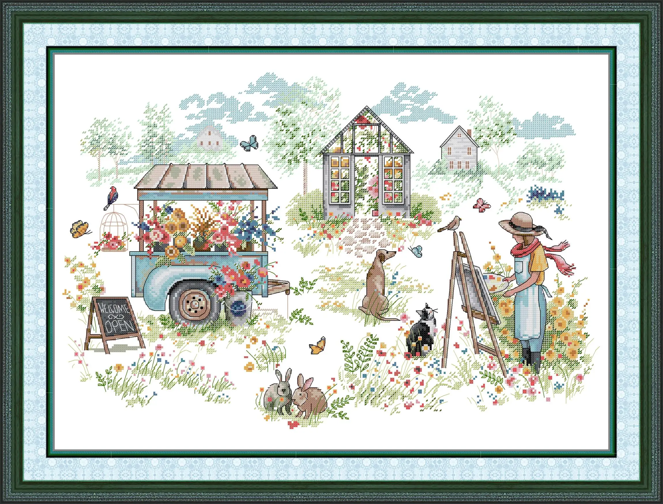 

Maydear Full Cross Stitch Kit, 11CT/14CT/16CT/9CT Aida Fabric,DMC Threads Sewing Pattern Embroidery Set-Open Garden