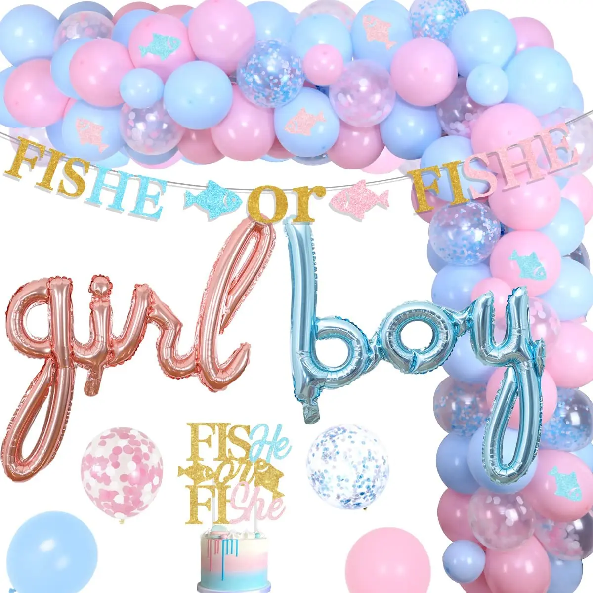 

Gender Reveal Party Decorations, Pink and Blue Balloon, Garland Arch Kit with Fish She Banner for Baby Boy or Girl