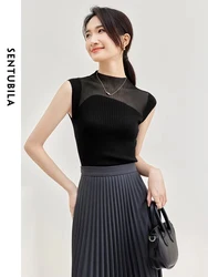 SENTUBILA Sheer Patchwork Knit Tops for Women Sexy Slim Fit Tank Top 2024 Spring Summer Mock Neck Sleeveless Knitwear W33I51670