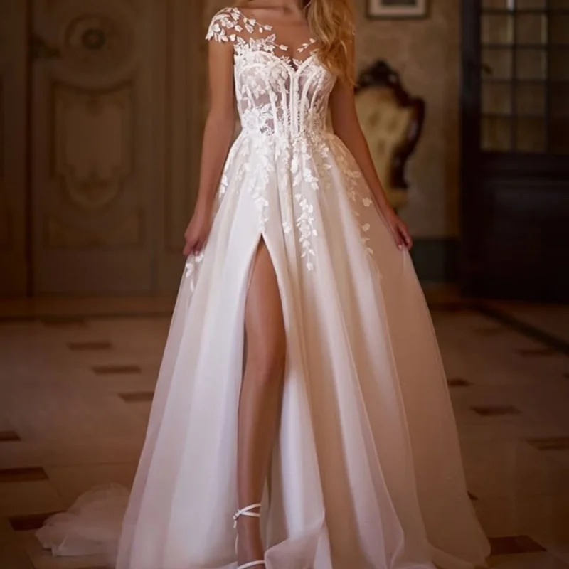 Ivory White Wedding Dresses off-shoulder A skirt glitter flower decal Gowns slit Made wedding dress Customized