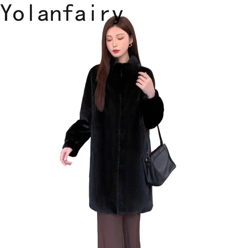 YOLANFAIRY جديد معطف فرو المنك الحقيقي المرأة سترة 2025 الشتاء الفاخرة منتصف طول معطف الفرو الطبيعي امرأة الوقوف طوق معاطف الفراء الأسود #1