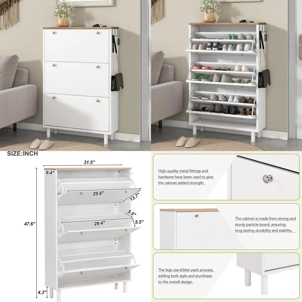 خزانة أحذية ضيقة للمدخل مع 3 أدراج قابلة للطي و3 خطافات للتخزين