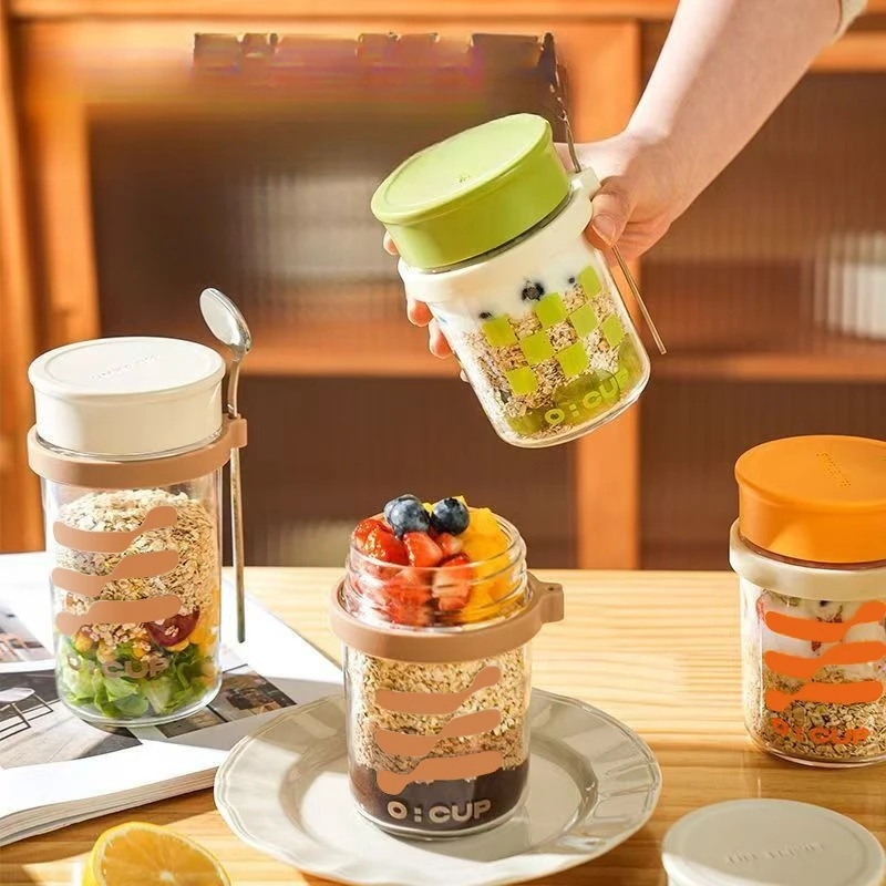 Tarro de vidrio sellado de avena con tapa, taza de desayuno portátil, taza de cereales de yogur batido