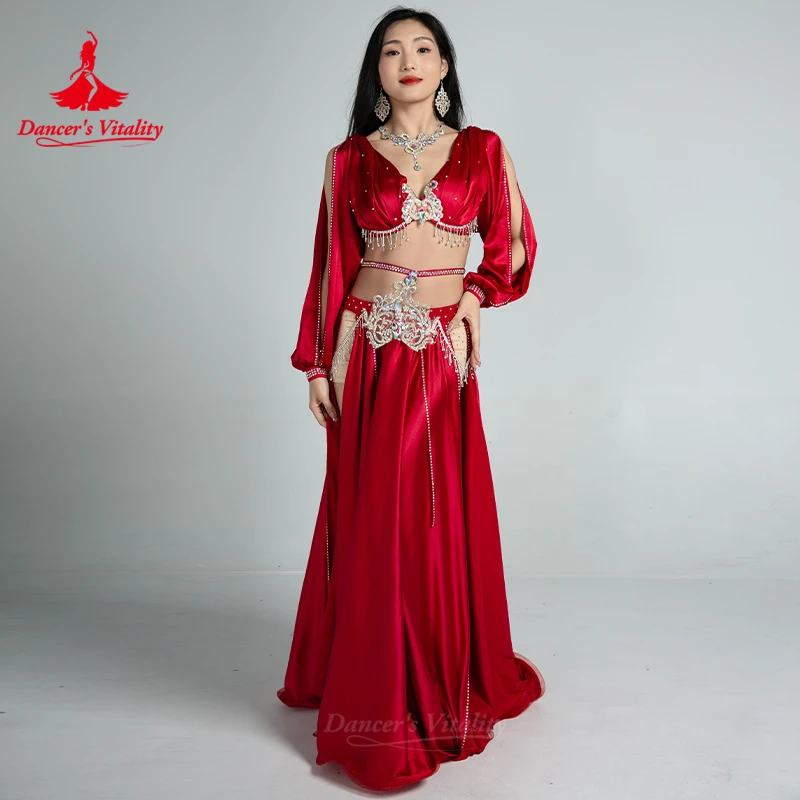 Belly Dancer เครื่องแต่งกายประสิทธิภาพอาวุโส AB หิน Bra + พู่ซาตินกระโปรงยาว 2pcs ผู้หญิง Oriental เต้นรําการแข่งขันเสื้อผ้า