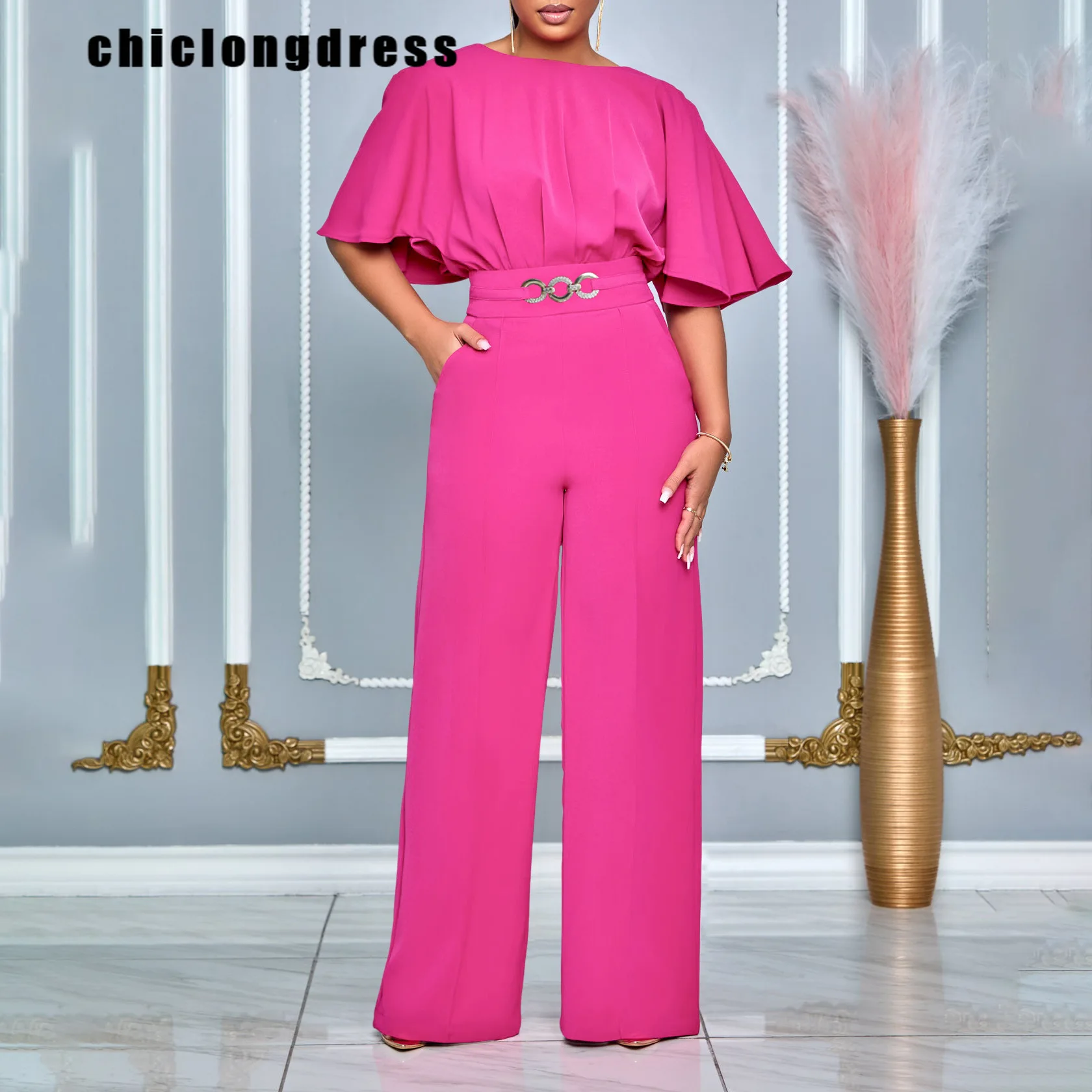 

Summer Fashion Office Ladies Jumpsuit Women Casual Solid Round Neck Flared Sleeves High Waisted Wide Leg Jumpsuit African Women