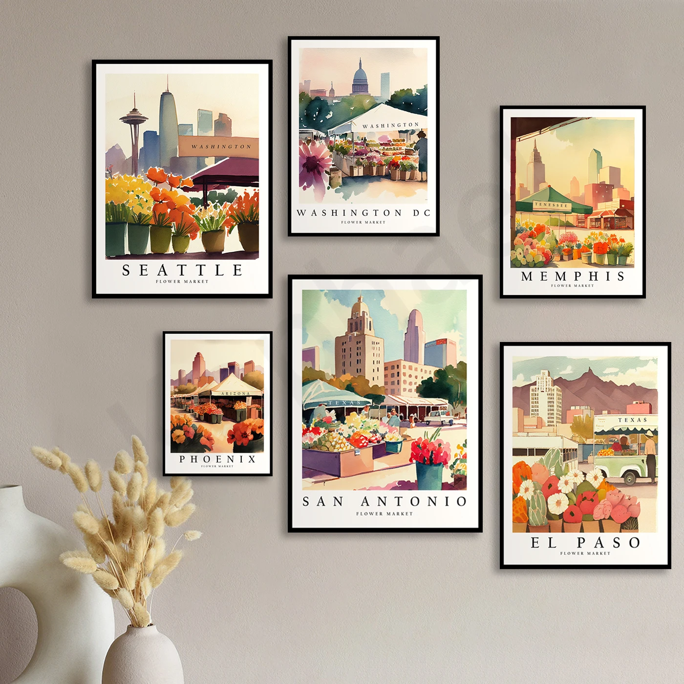 سان أنطونيو فينيكس سان دييغو إل باسو شارلوت ممفيس واشنطن سياتل سان خوسيه. ملصق سوق زهرة المدينة