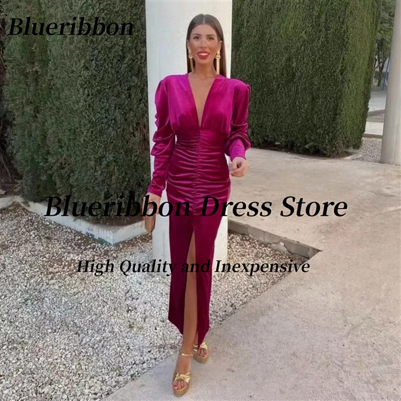 

Blueribbon Fushcia Velour Mermaid Prom Dresses Ladies Wear V Neck Long Sleeves Cocktail Party Special Occasion Evening Dress