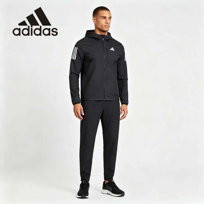 Simple Black Adidas Wind Tracksuit Water Repellent Zip Hood Coat Tapered Joggers All Weather Sport Wear One Set IN1483 + HF8985
