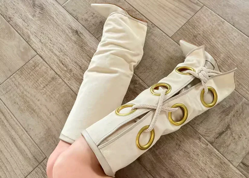New Autumn/Winter Women's Black Suede Knee High Boots Gold Ring Decor Lace Up Design, Pointed Toe Block Heel Stylish Long Boots view 5