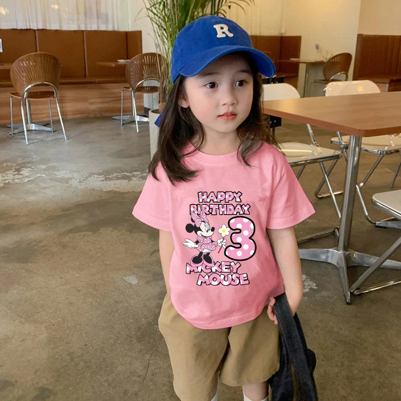 

Disney Minnie Number Birthday Girl T-Shirt Print Girls Clothes 1 2 3 4 5 6 7 8 9 Years Short Sleeve Summer Tee Top for Children