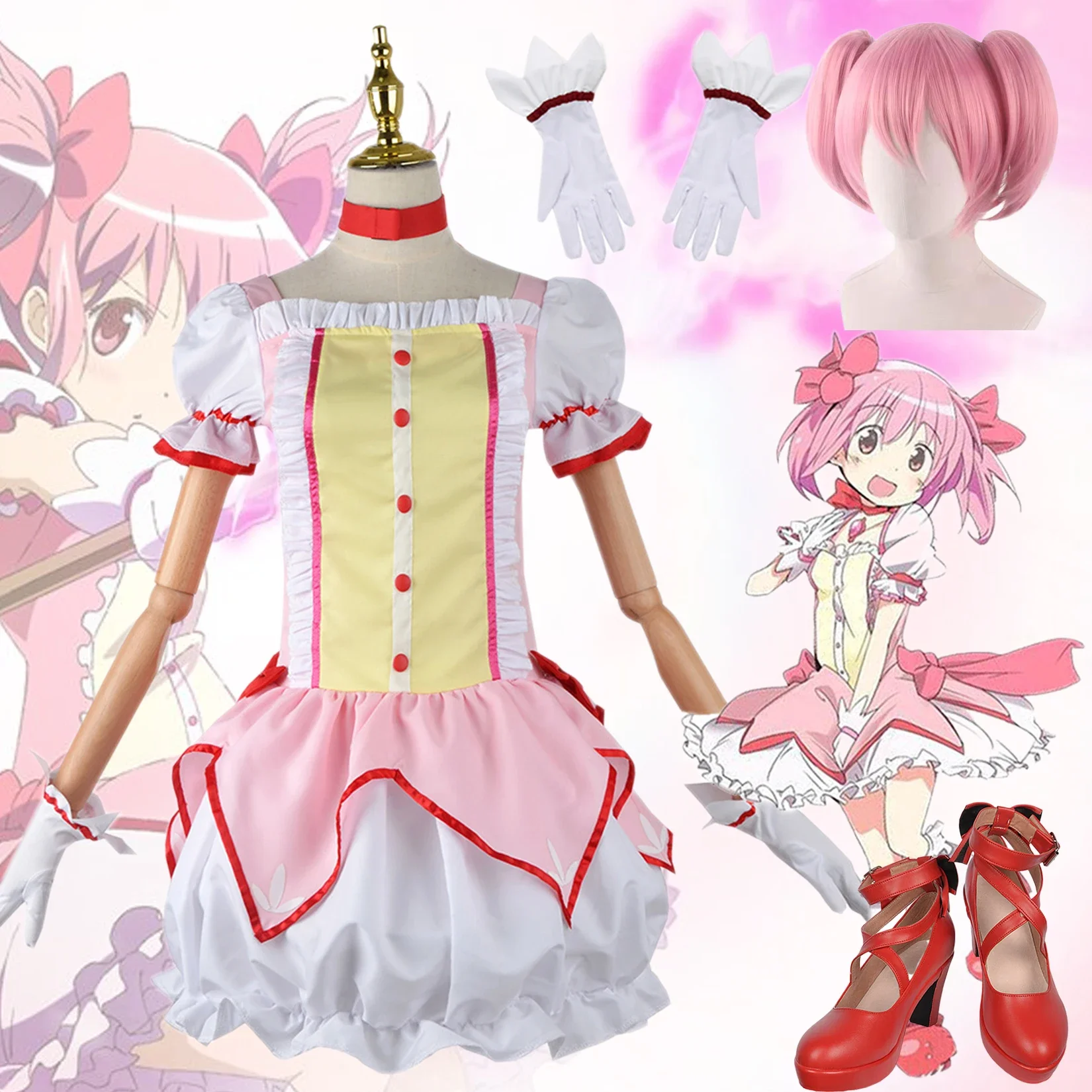 Kaname Madoka Cosplay Puella Magi Madoka Magica Anime Costumes Clothing Wig Uniform Shoes Halloween Clothing Suit Girls Women