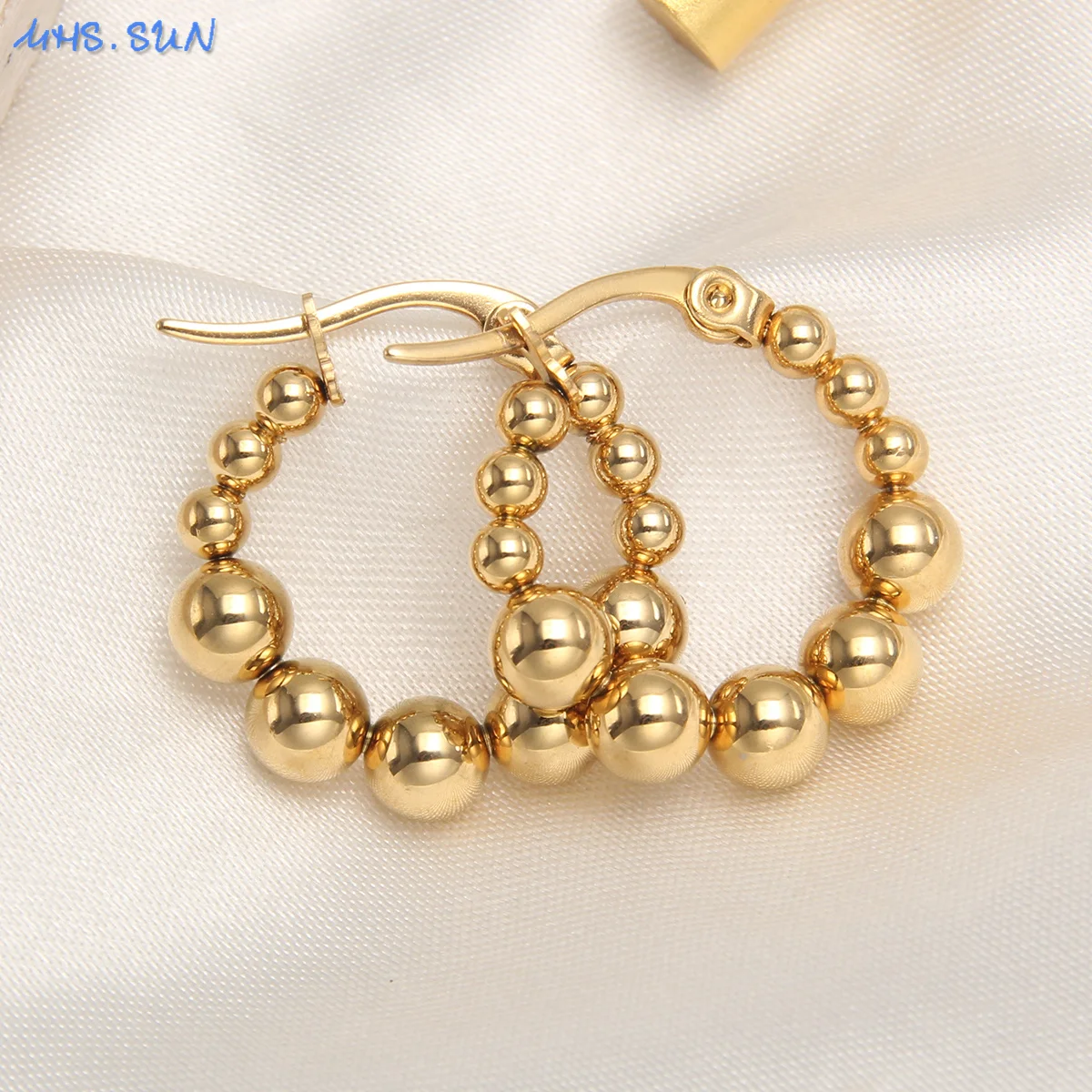 MHS.SUN Luxury Gold Plated Square Round Stainless Steel Hoop Earrings Cross Ball Beads Earring For Women Girls Wedding Jewelry