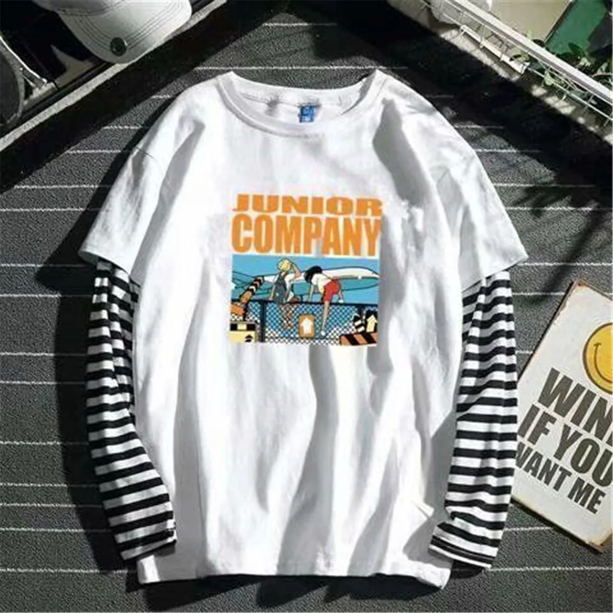Neue Harajuku Schwarz-Weiß Gestreifte Y2K Langarm-T-Shirts in Unifarben für Herren und Damen, Herbst, Fake-Zweiteiler, Langarm, Locker Sitzend – Detail 3