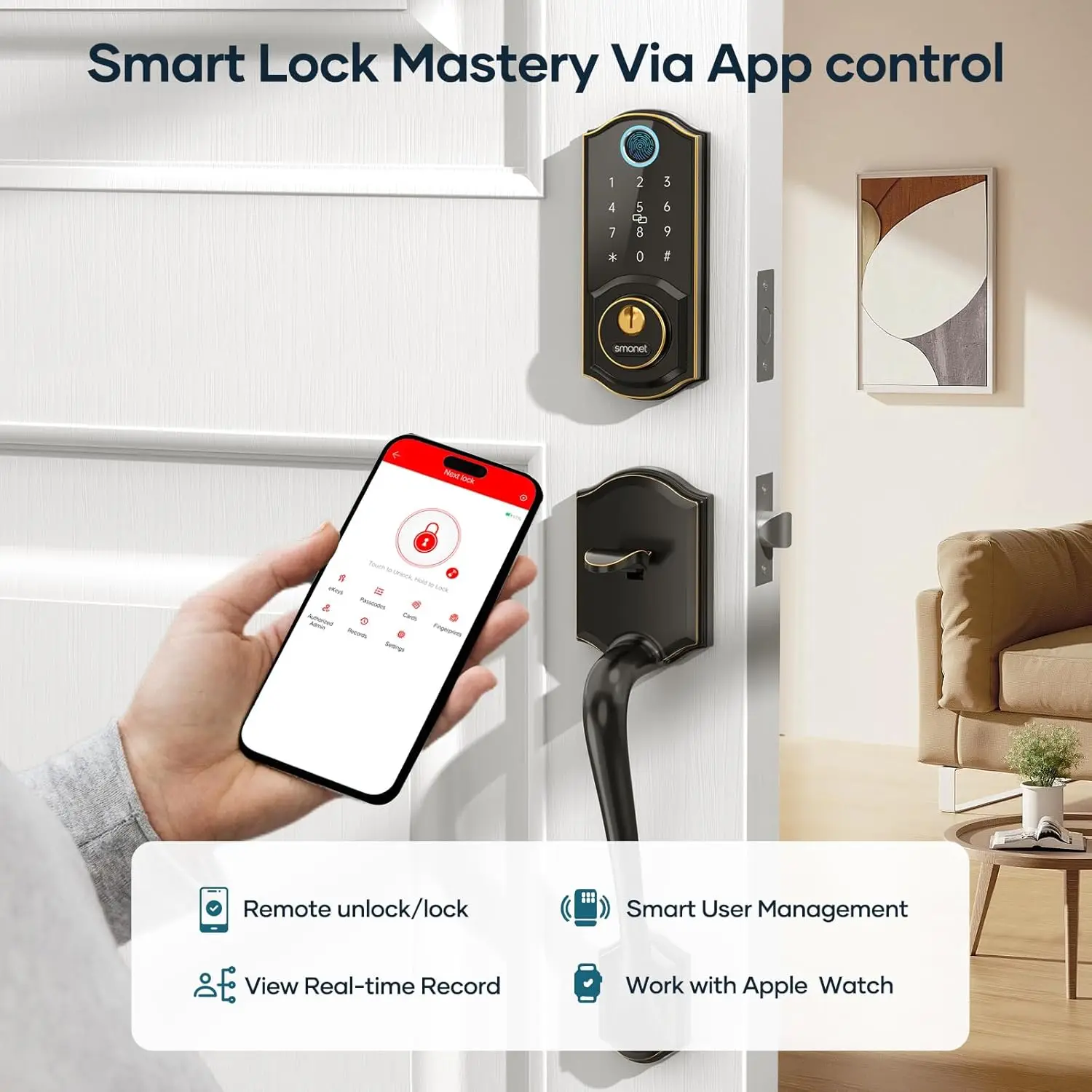 Smart Door Lock with Handle Set: Front Door Lock Set Keyless Entry, Fingerprint Keypad Lock Bluetooth Alexa Deadbolt