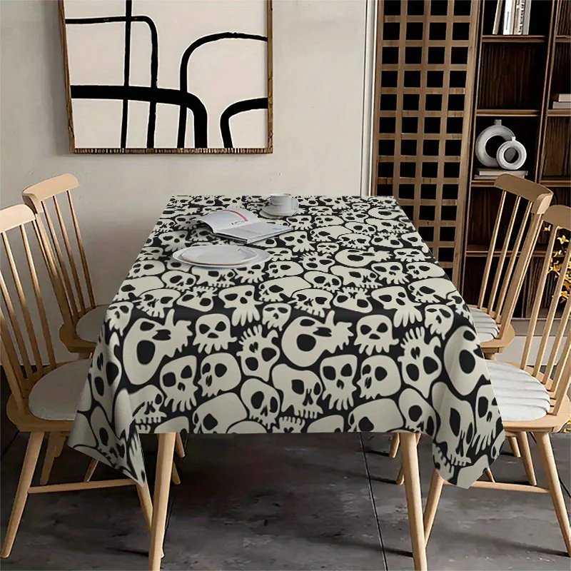 1pc Gothic-style tablecloth, white skull and moth pattern tablecloth decorationzyc