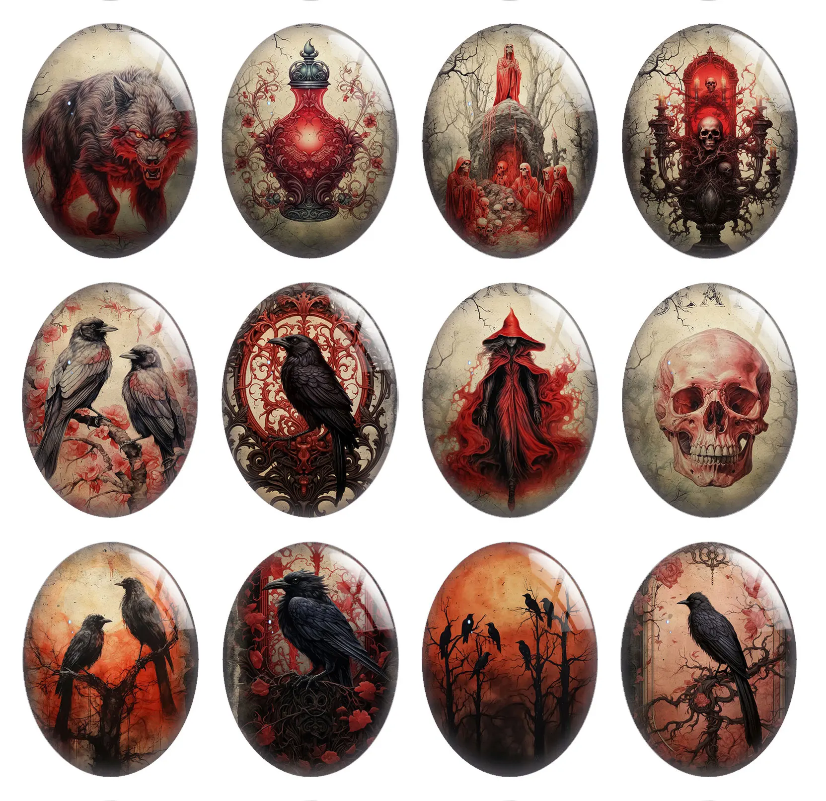 10pcs/lot Halloween Horror Gothic Death Dark Raven Pumpkin Oval Photo Glass Cabochon Flatback Demo Cameo Diy Jewelry Making