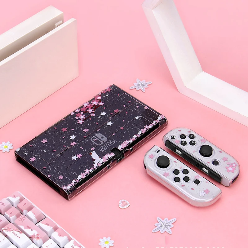 Sakura Glitter Transparent Clear Protective Hard Shell Case Cover Skin for Nintendo Switch Oled Accessories Dockable Case