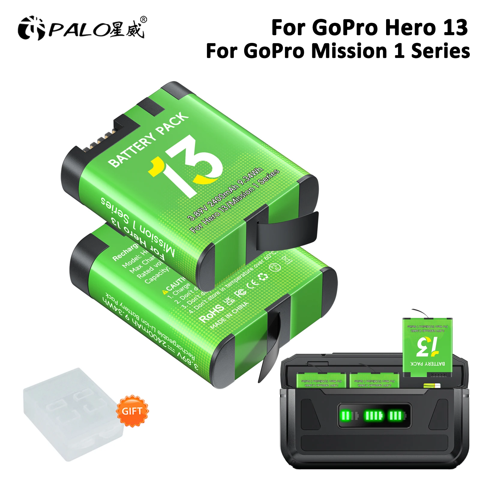 High Capacity 2400mAh for GoPro Hero 13 Battery with 3-Slots Fast Charging Box for Go Pro Hero 13 Mission 1 Sport Camera
