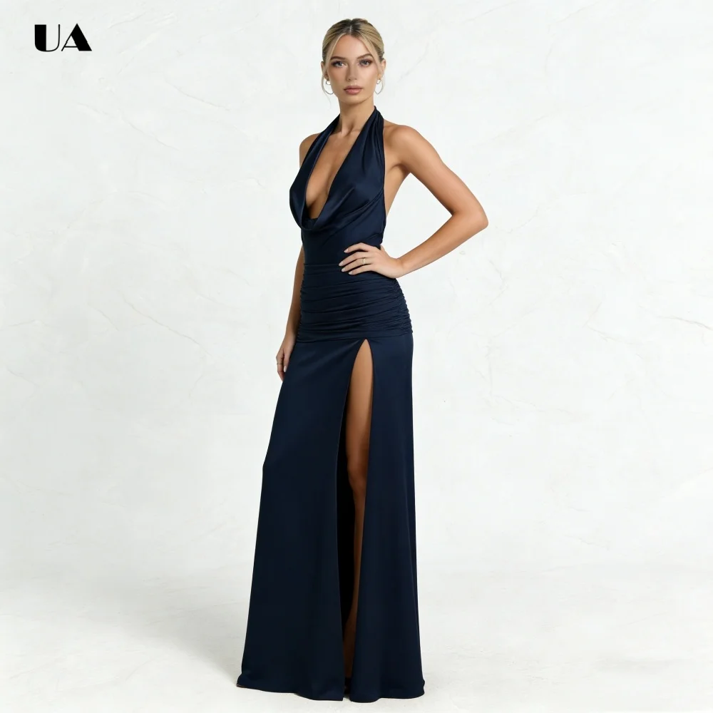 Sukienka balowa ULBYANRY z satyny, prosta, z dekoltem typu halter, z rozcięciem, seksowna, plisowana, szyta na miarę suknia wieczorowa dla kobiet.