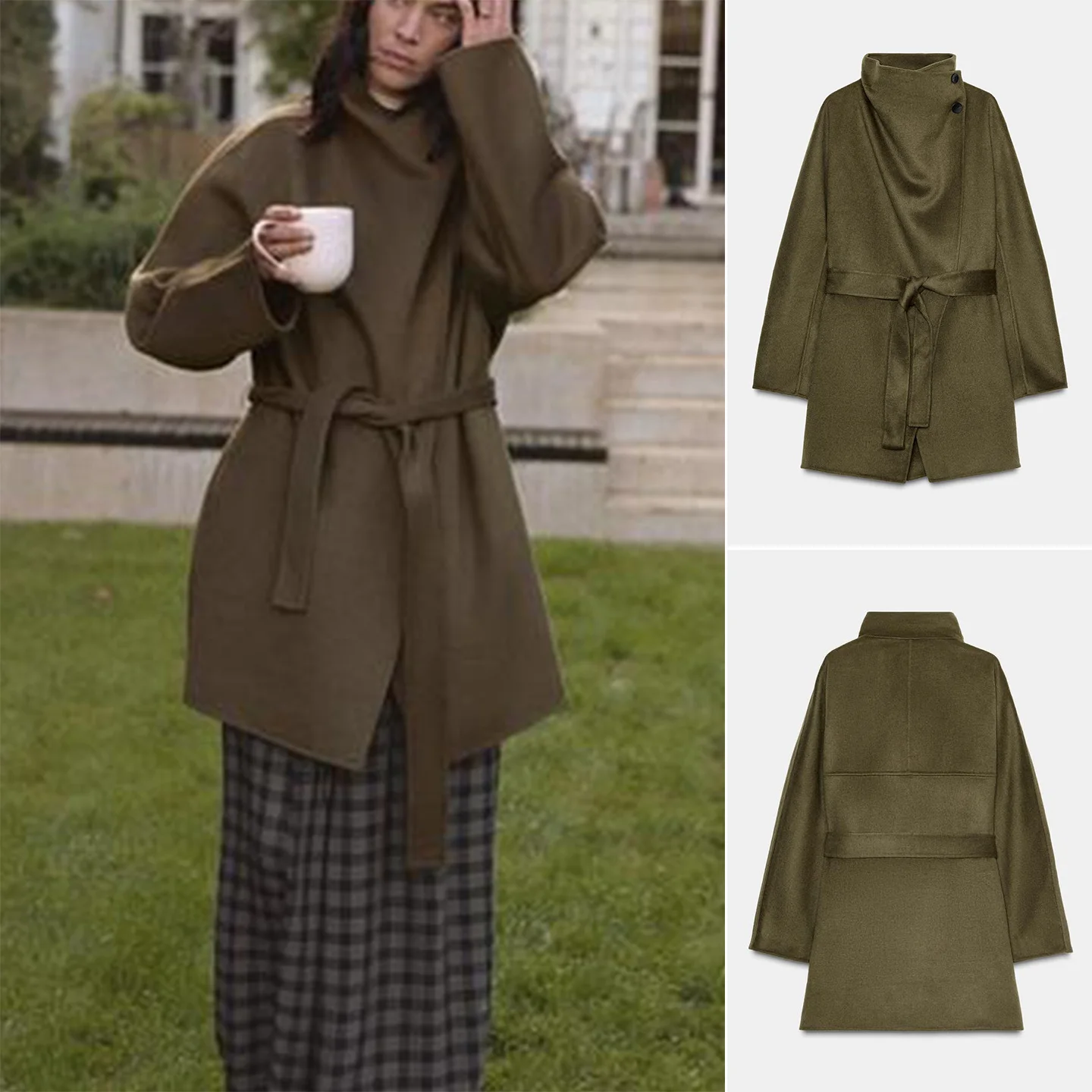 Herbst Neue Damen Lange Sve Hoher Kragen Mantel mit Knoten Taille Gürtel Polyester Faser 00% Faionable Oberbekleidung