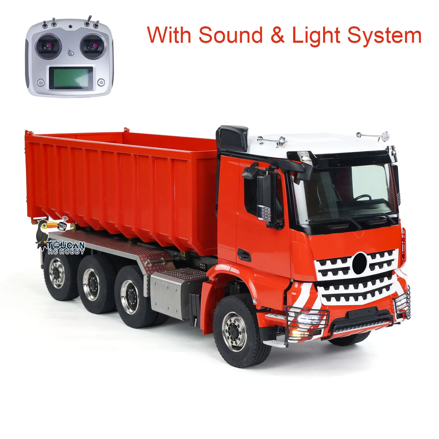 Toucan Metal 1/14 RC Hydraulic Dumper 8x8 Roll Off Dump Truck 3363 Rear Axle Steering Remote Control Tipper Light Sound System