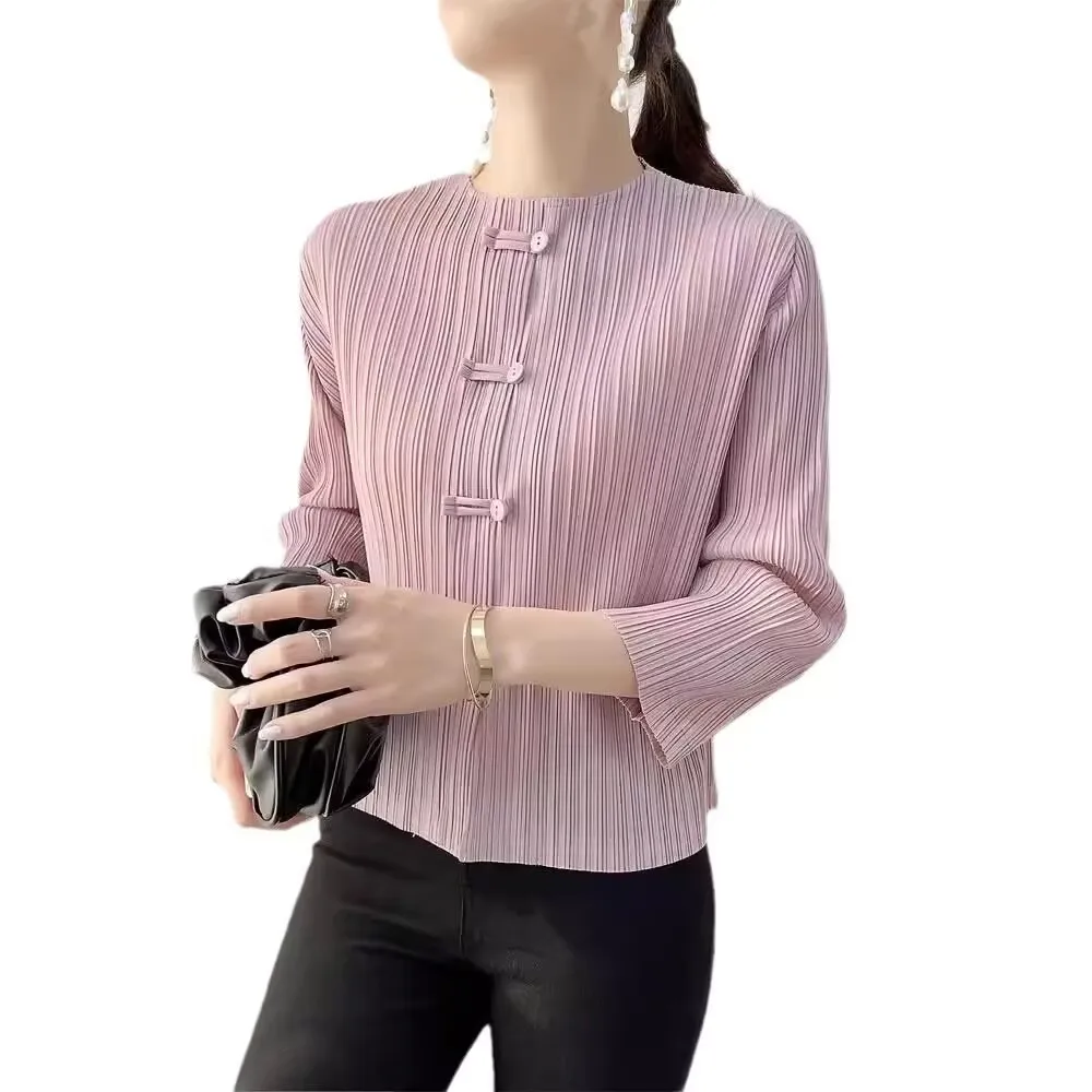 シャツ & ブラウス夏服三宅プリーツ春と夏の中国風プリントシャツ女性の長袖レトロルーズトップ