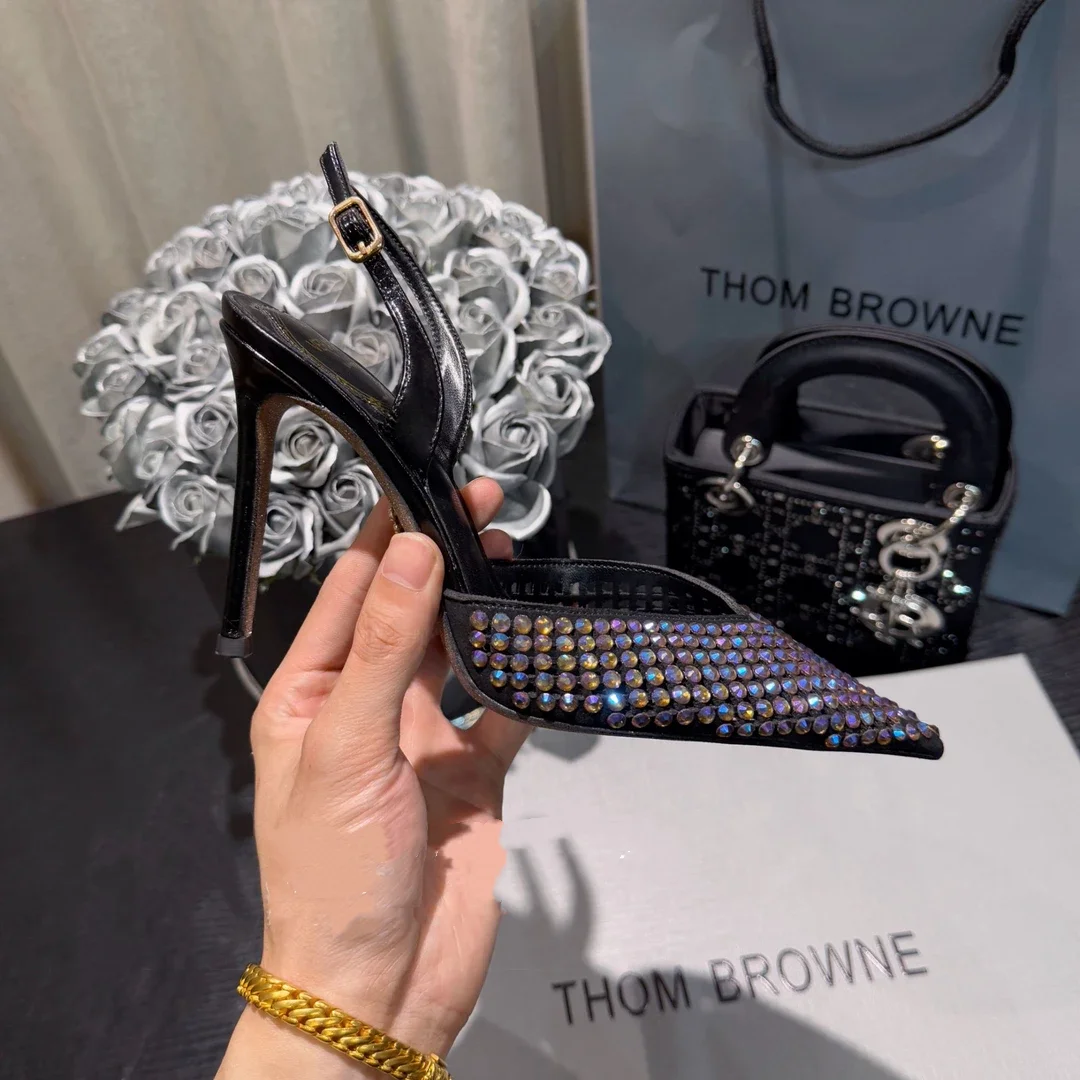 Luxury Rhinestones Sequined Buckle Women Pumps Elegant Pointed toe Slingbacks Stiletto High heels Spring Summer Fashion Shoes